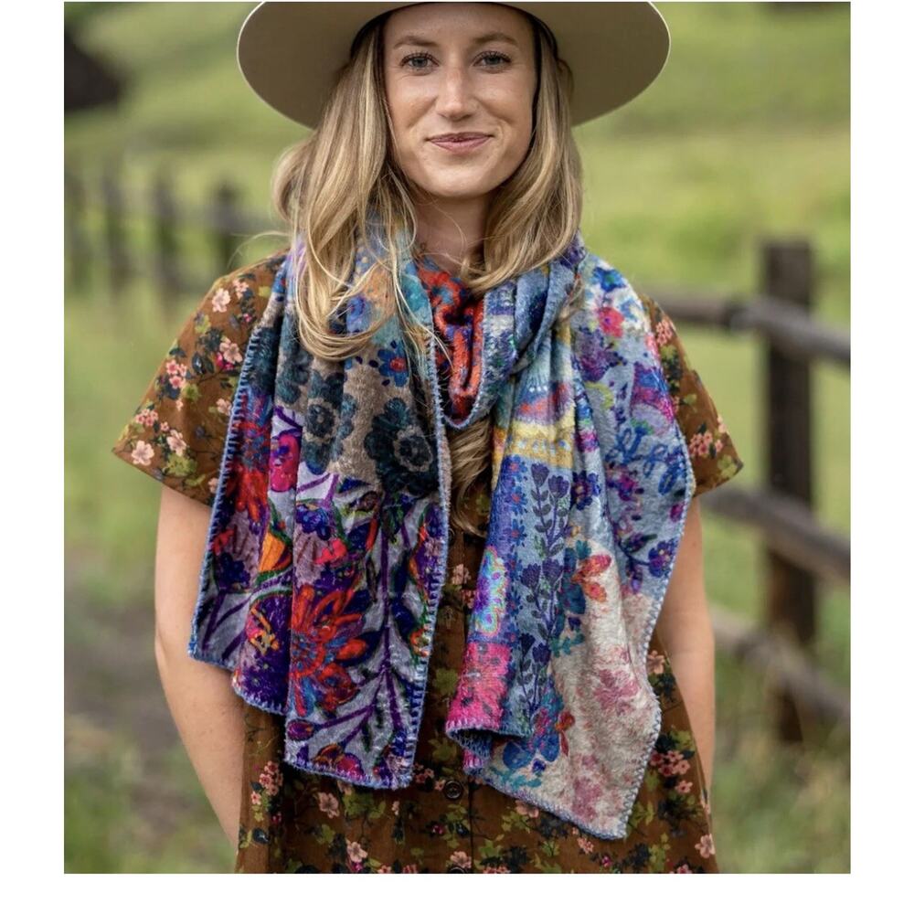 New Natural Life Cozy Blanket Scarf Wrap Floral Patchwork Print 74" x 15" Boho